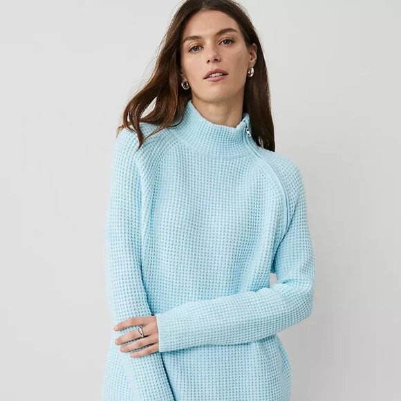 NWT Ann Taylor Weekend M Waffle Knit Zip Sweater Mint Blue Mock Neck Pullover - Picture 1 of 12